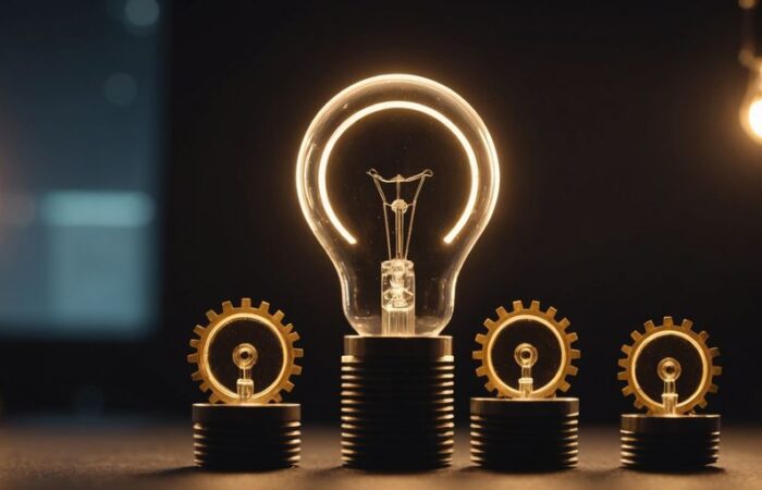 Graph with upward trend, gears, and lightbulb icons