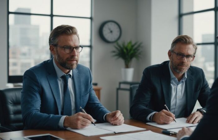 Business advisors consulting with a client in an office setting.