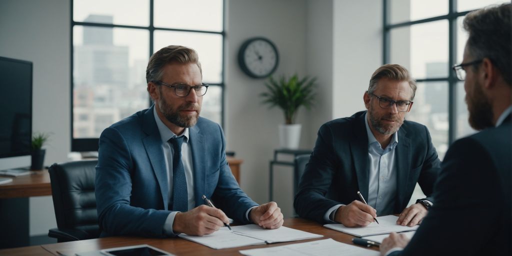 Business advisors consulting with a client in an office setting.