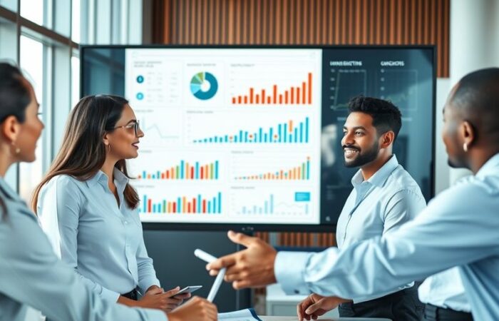 Team analyzing data charts on a large screen.