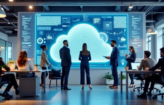 Diverse professionals collaborating in a modern office setting.