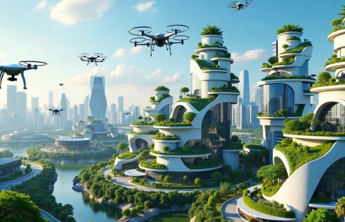 Futuristic city skyline with technology and greenery.
