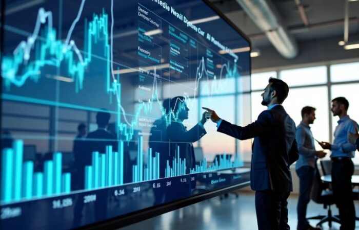 Business team analyzing AI-driven data trends