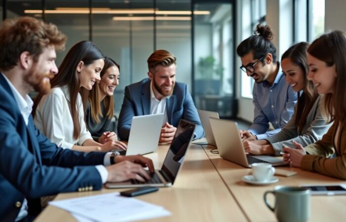 Diverse team collaborating in a modern office environment.