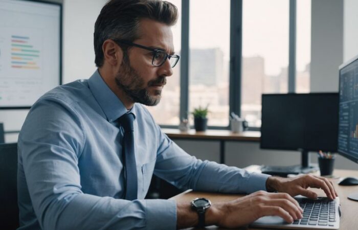 Business professional analyzing charts and graphs