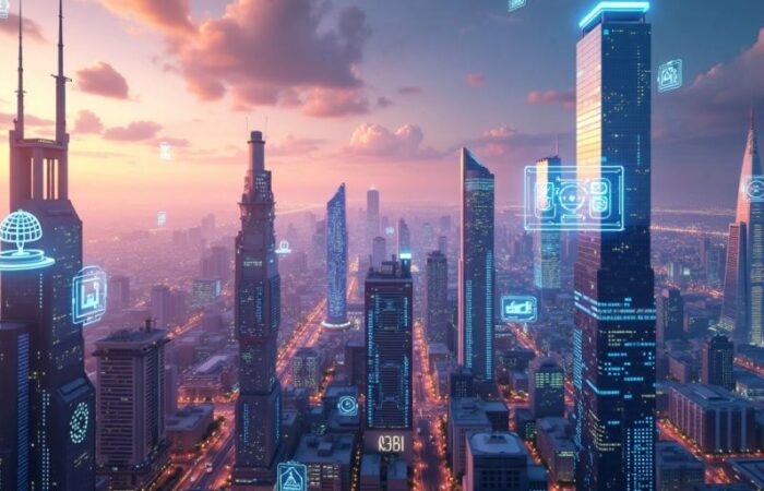 Futuristic city skyline with integrated AI technology.