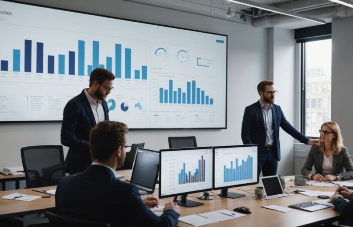 Professionals collaborating in a modern office