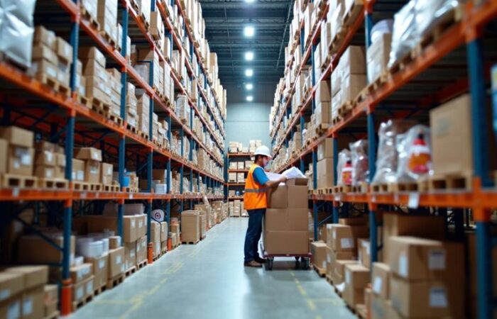 Realistic warehouse with organised stock shelves and worker.