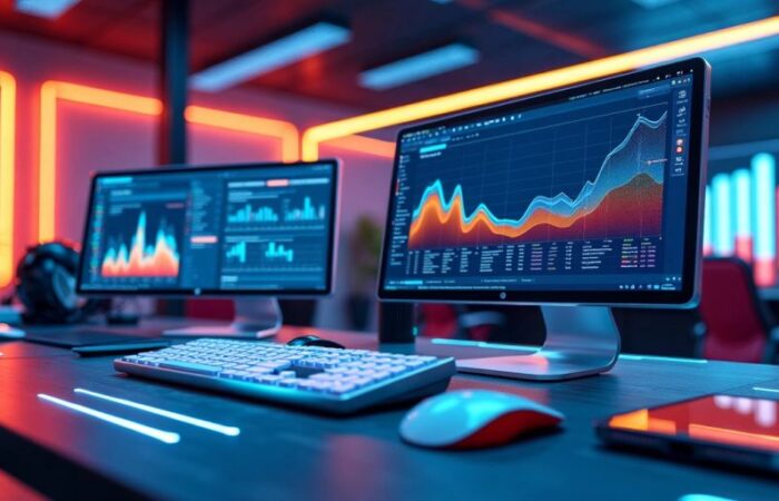 Futuristic workspace with advanced technology and sleek devices.