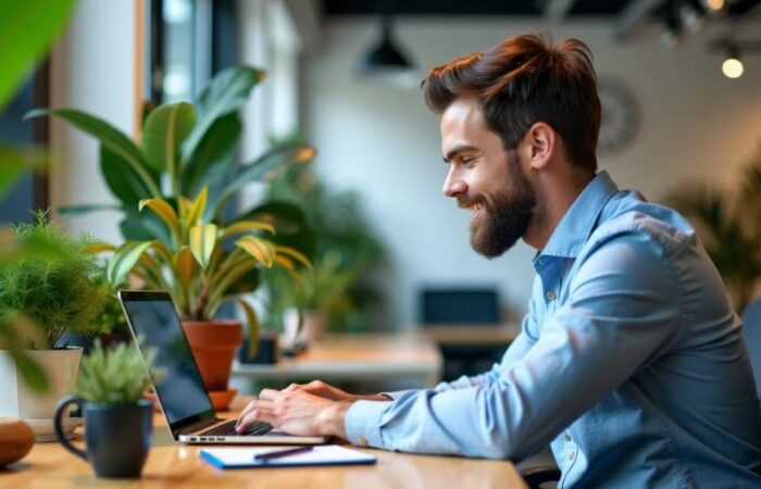 Small business owner working on a laptop in a workspace.