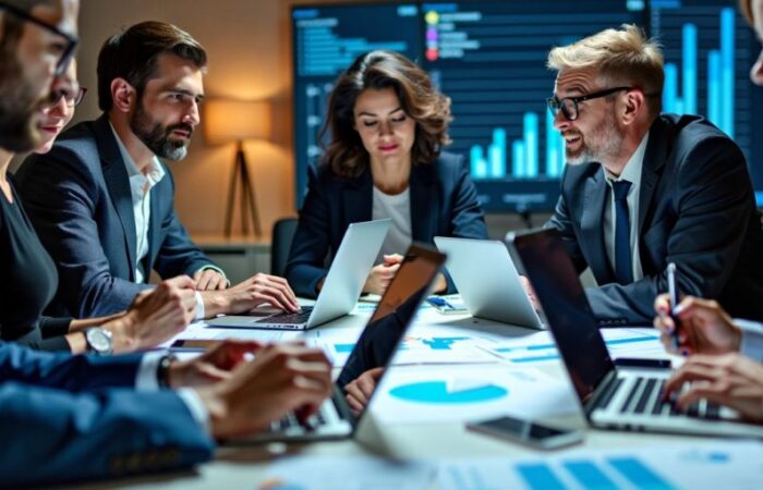 Business professionals collaborating in a modern office setting.