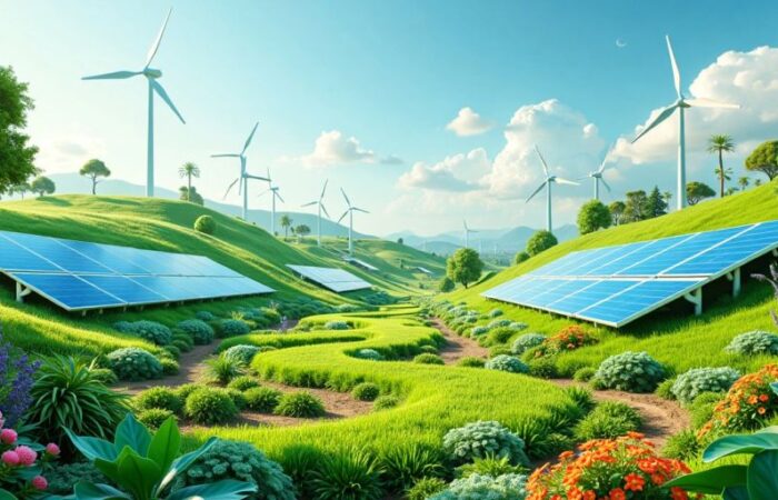 Green landscape with solar panels and wind turbines.
