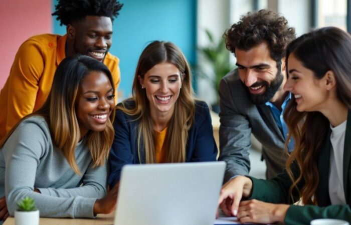 Diverse professionals collaborating around a laptop in an office.