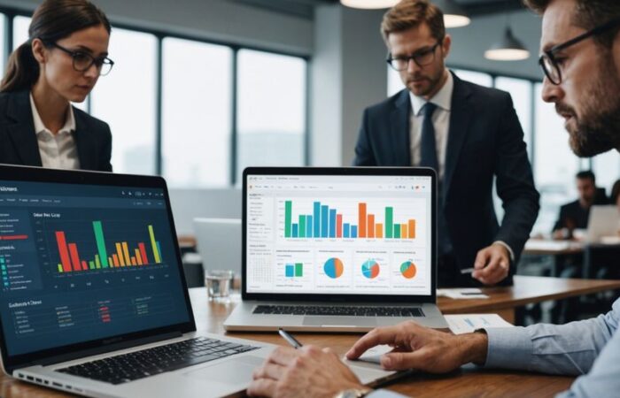 Business professional analyzing charts and graphs