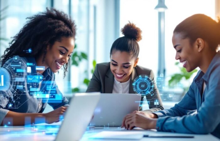 Diverse team collaborating in a modern office with technology.