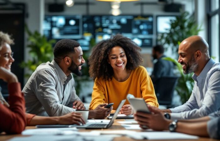 Diverse professionals collaborating in a modern office environment.