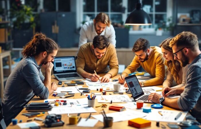 Team collaborating on a project development concept.