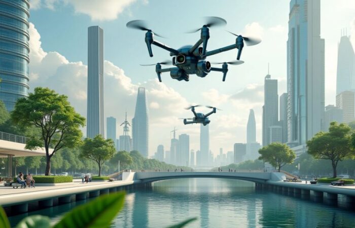 Futuristic city with advanced technology and greenery.