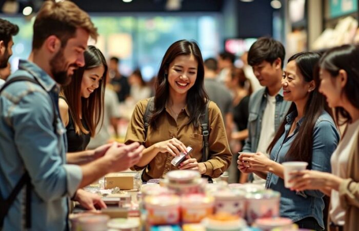 Diverse customers interacting in a vibrant retail environment.